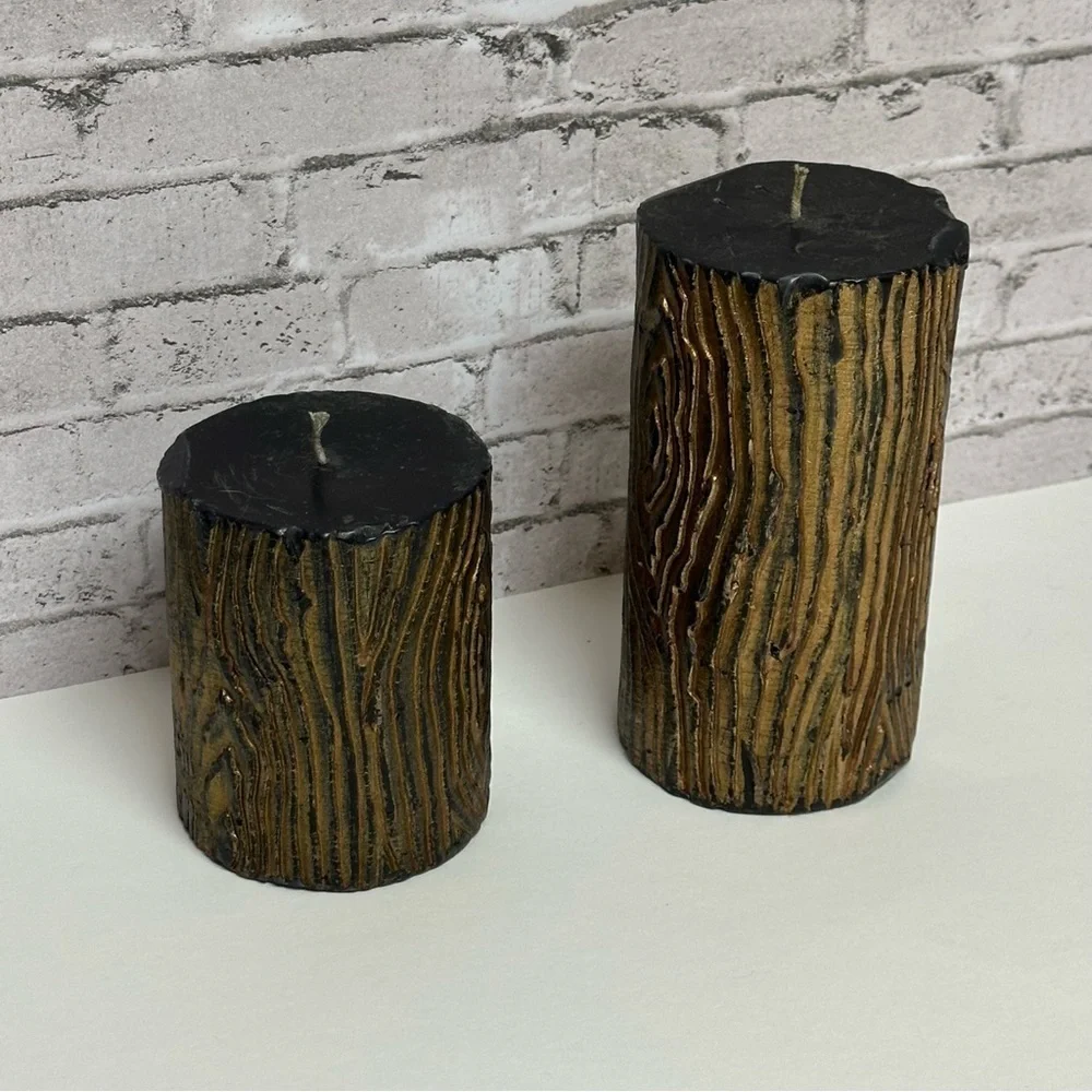 Log Wood Design Black Gold Candles Set of 2